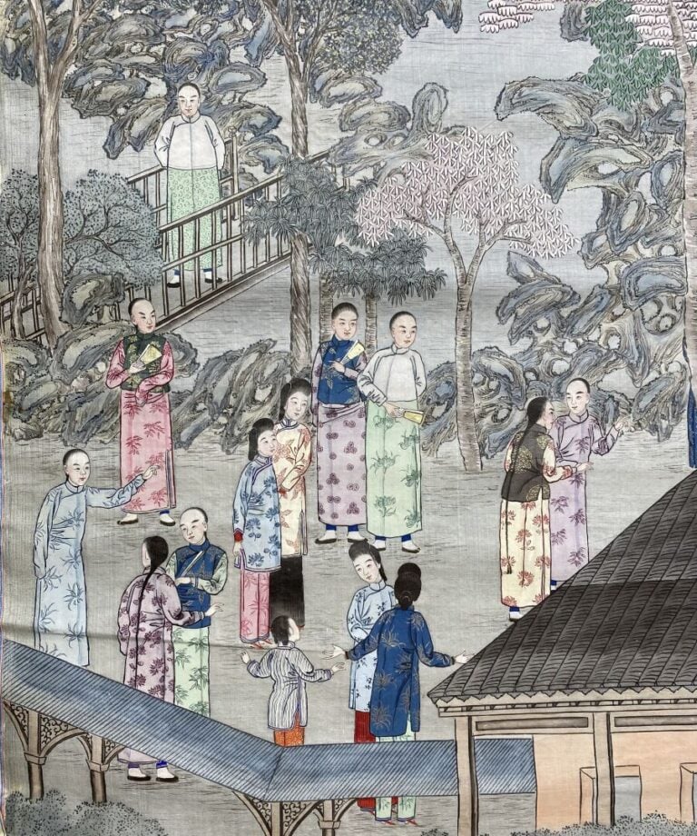 Ecole chinoise - Scène animée dans la cour d'un palais - Peinture verticale à l…