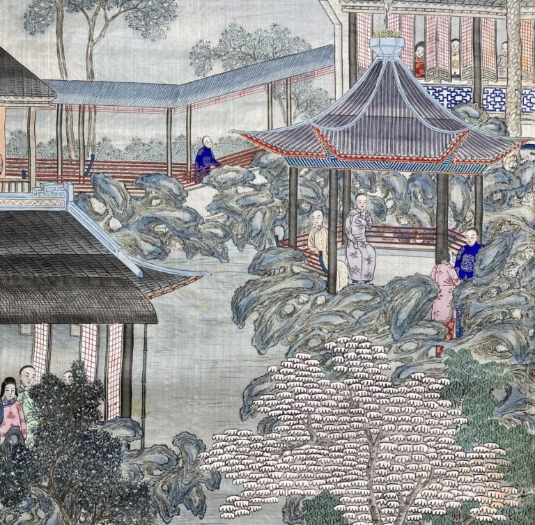 Ecole chinoise - Scène animée dans la cour d'un palais - Peinture verticale à l…