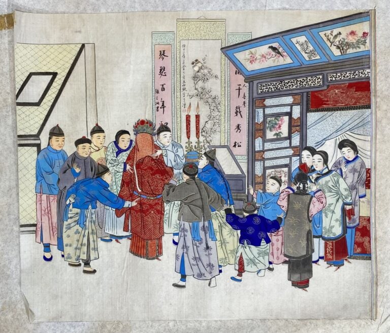 Ecole chinoise - Scène animée dans la cour d'un palais - Peinture verticale à l…