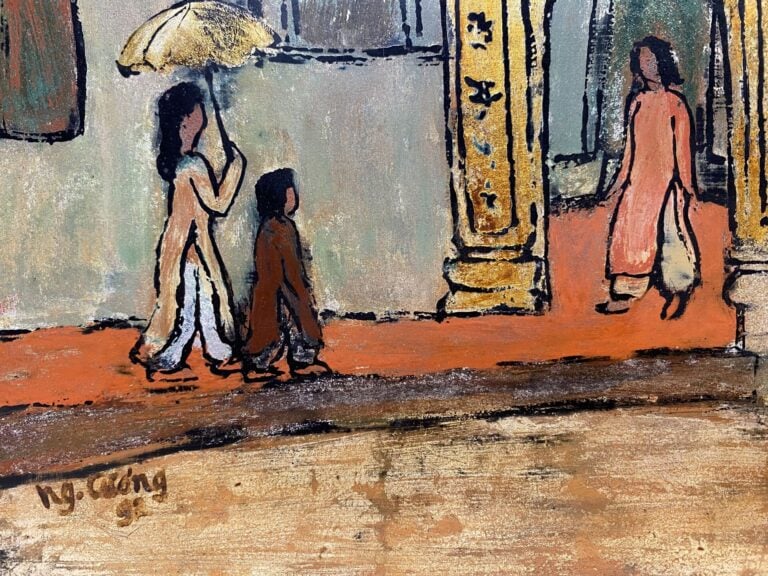 Ecole vietnamienne du XXe siècle - Scène animée d'un porte de ville - Panneau l…