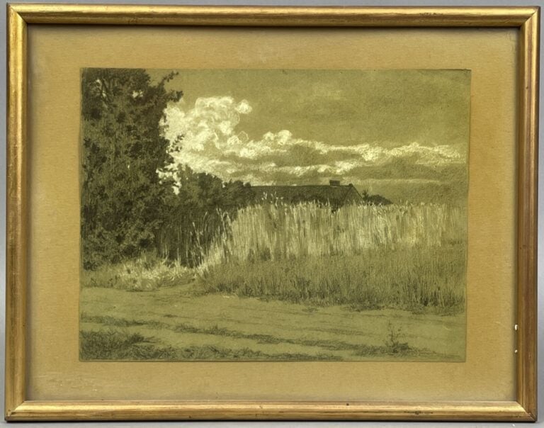 ECOLE XIXème - Paysage au champ de blé et à la maison - Fusain et craie blanche…