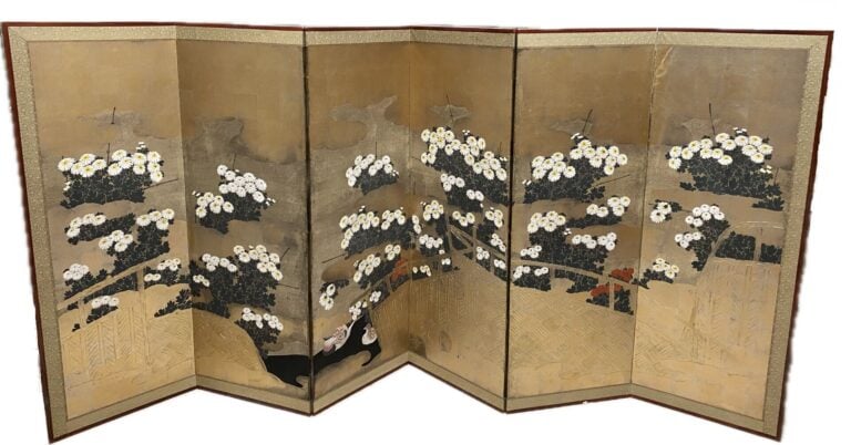 Japon - Epoque EDO (1603-1868), XIXe siècle - Paire de paravents à six feuilles…