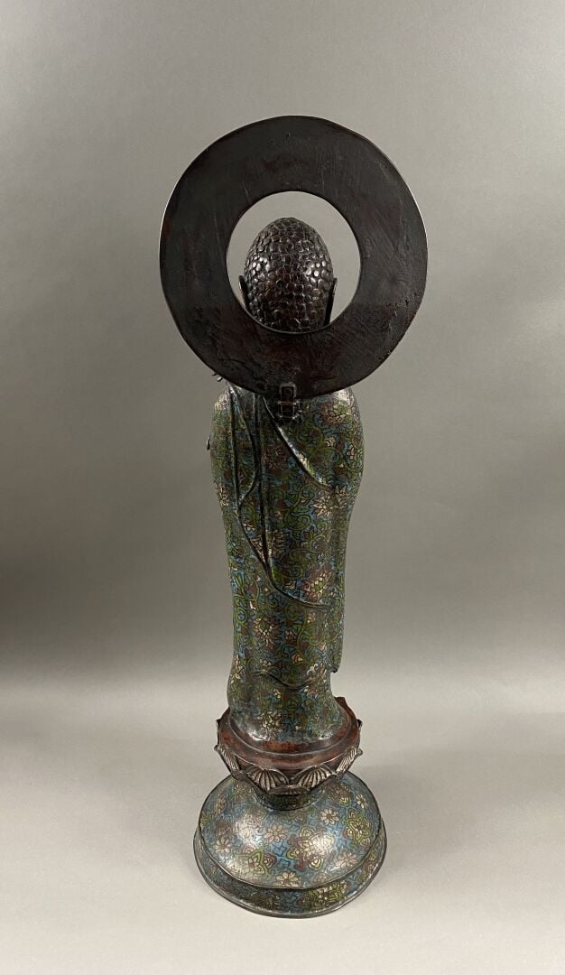 Japon - Fin XIXe siècle - Importante statue en bronze à patine brune et émaux c…