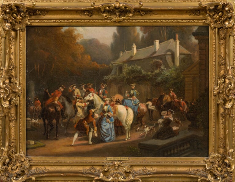 John Lewis Brown 1829-1890) - Cavaliers devant un pavillon de chasse - Huile su…