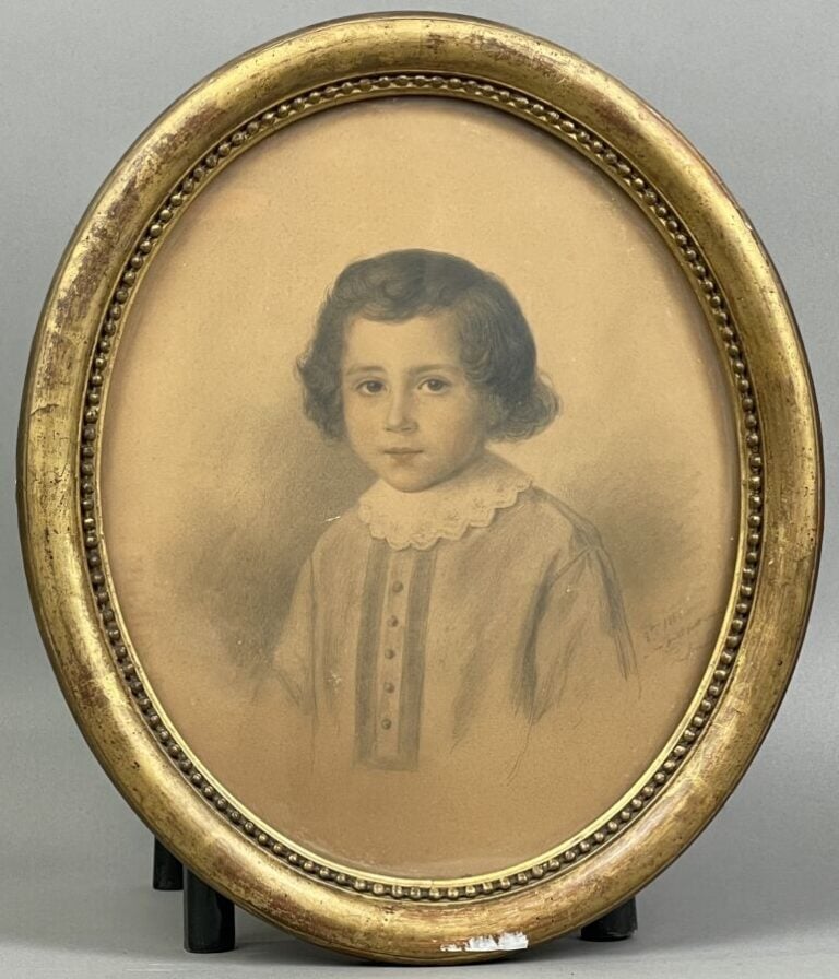 LIENARD - Portrait de jeune garçon à la collerette - Crayon noir et pastel - Si…