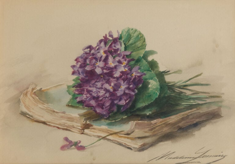 Madeleine LEMAIRE - Jeté de violettes - Aquarelle sur papier, signé en bas à dr…