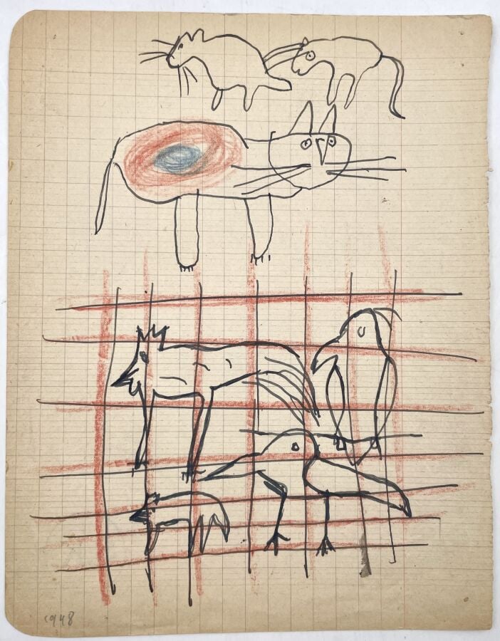 SLAVKO KOPAČ (1913-1995) - Vaches, encre bleue sur papier, au dos : composition…