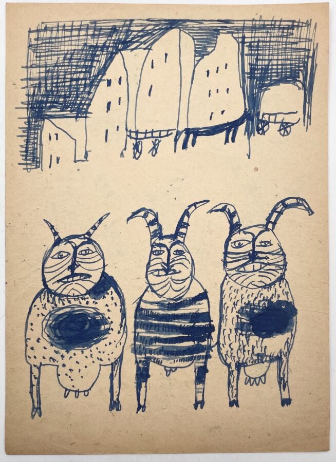 SLAVKO KOPAČ (1913-1995) - Vaches, encre bleue sur papier, au dos : composition…