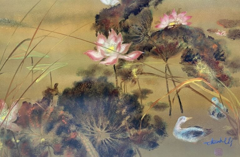 THANH LE - Canards nageant parmi fleurs de lotus et roseaux - Panneau laqué - S…