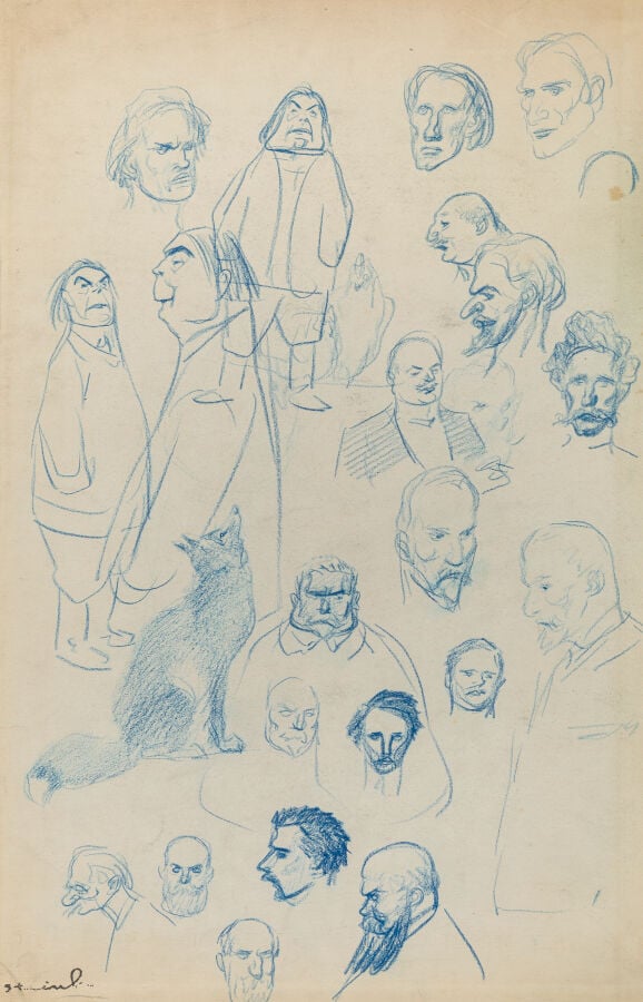 THÉOPHILE STEINLEN (1859-1923) - Etude de personnages, - Crayon bleu, cachet de…