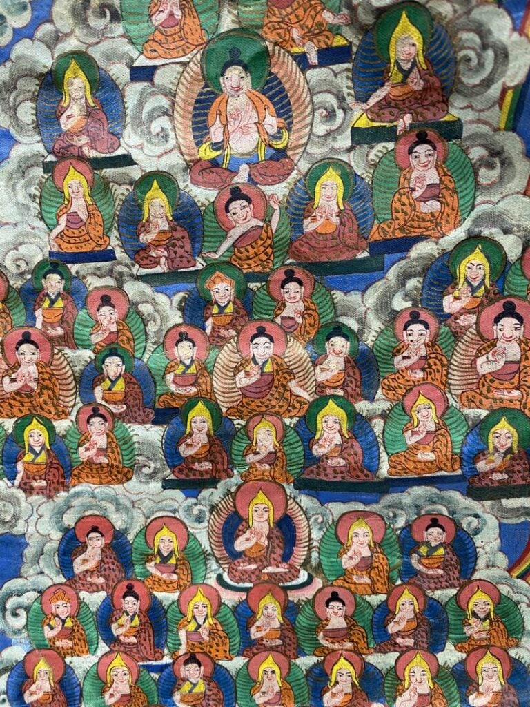 Tibet - Grand thangka peint sur tissu représentant Tsongkhapa et l'arbre refuge…