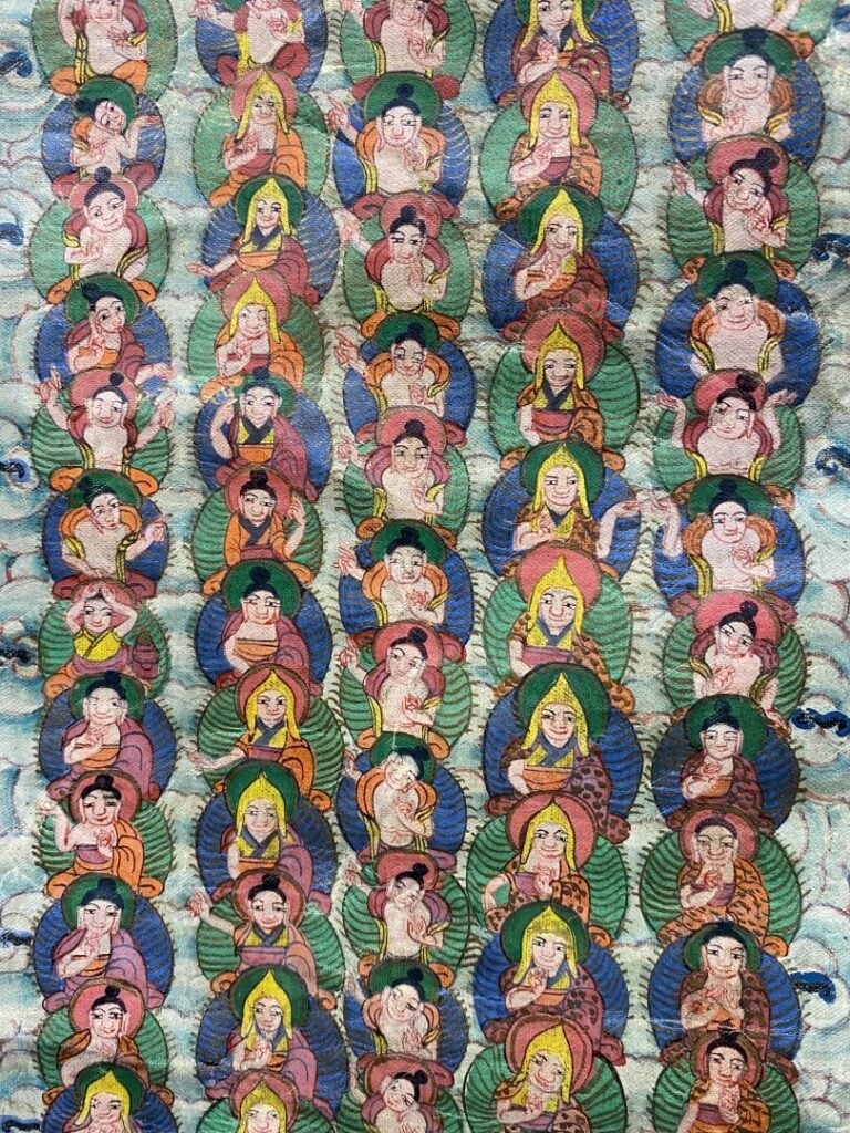 Tibet - Grand thangka peint sur tissu représentant Tsongkhapa et l'arbre refuge…