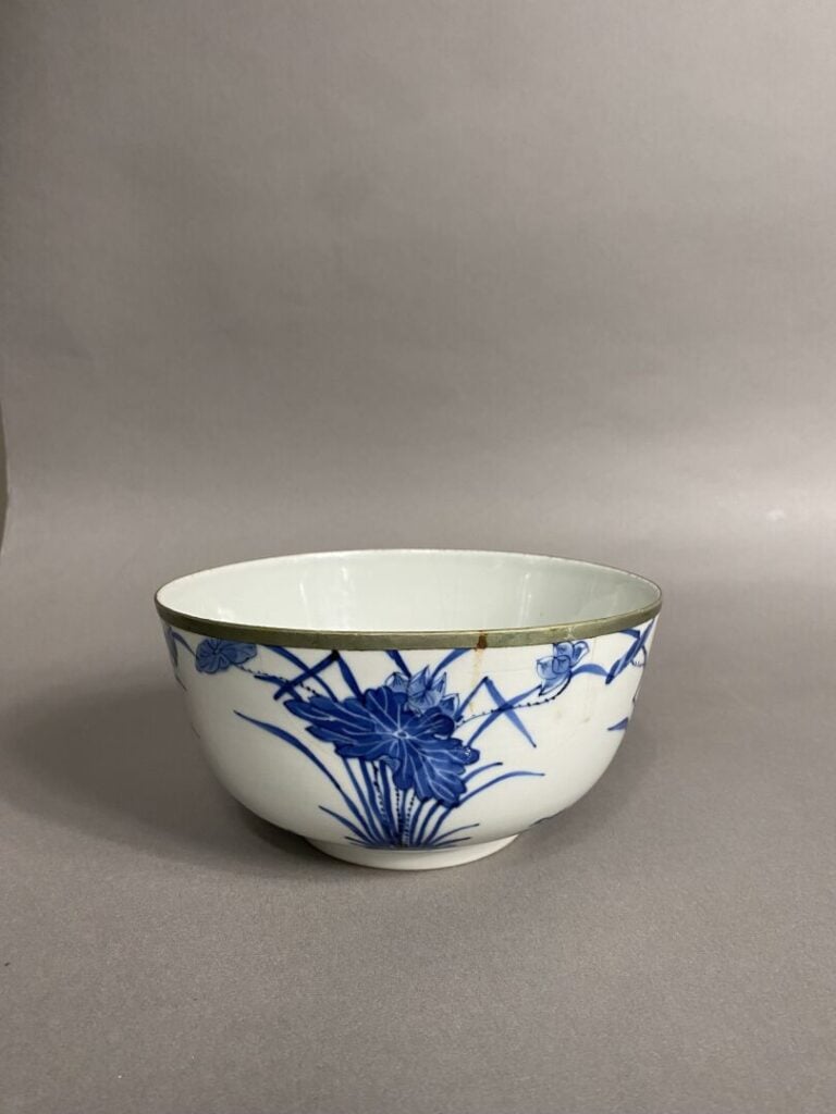 Vietnam - Large bol en porcelaine émaillée bleu blanc à décor de canards parmi…