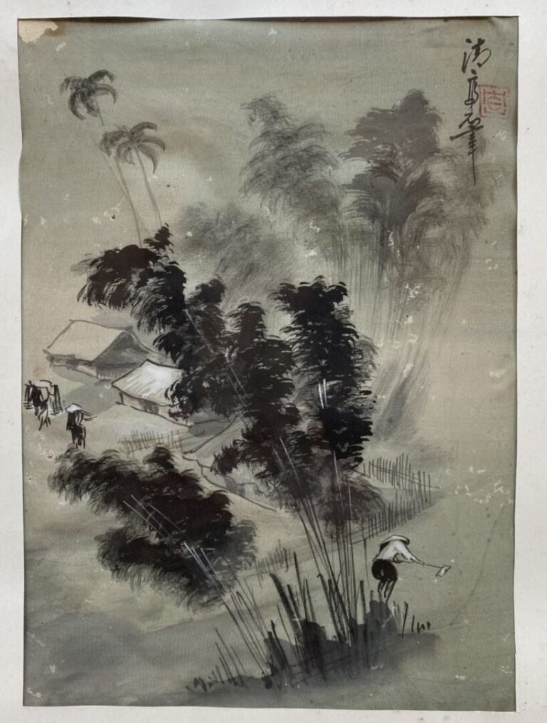 Vietnam - Scène animée de villageois - Peinture sur soie - Cachets et signature…