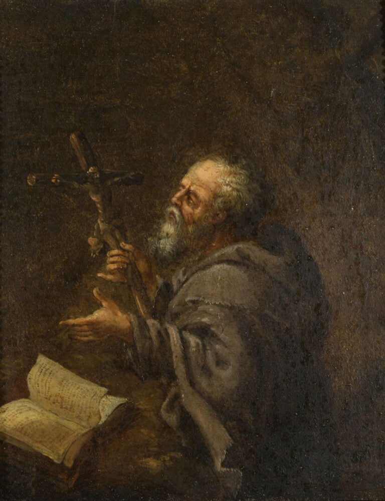 Ecole allemande du XVIIIe siècle - Deux Saints ermites - Paire d'huiles sur pan…