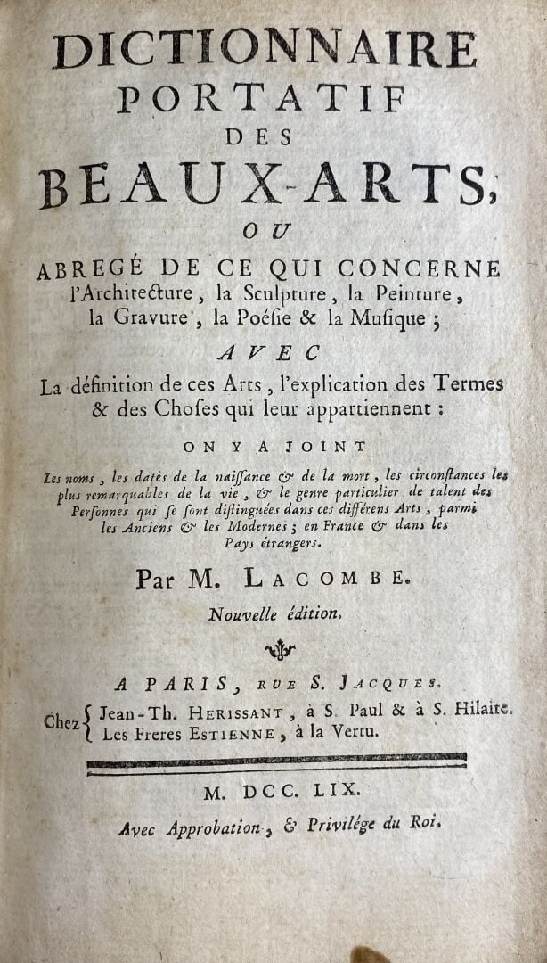 LACOMBE (Jacques) - Dictionnaire portatif des Beaux-Arts, ou abrégé de ce qui c…