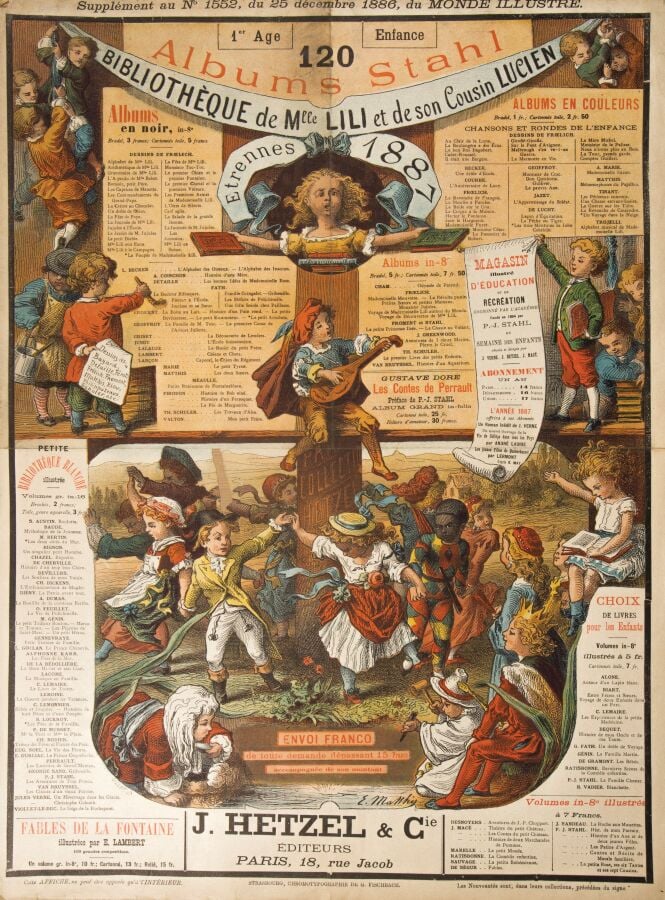 Affiche « 120 Albums Stahl / Bibliothèque de Mlle Lili et son cousin Lucien » p…