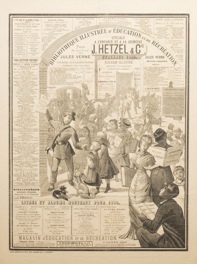 Affiche Hetzel pour les Étrennes 1880 dite « Le Lycéen crie les derniers titres…