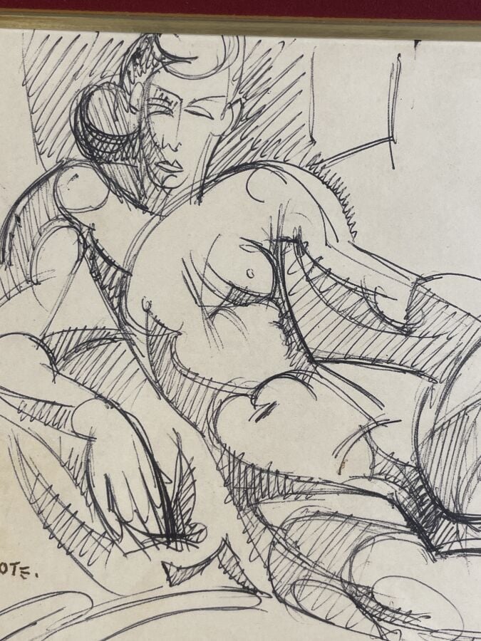 André LHOTE (1885-1952) (04433) - Femme nue allongée - Stylo bille sur papier,…