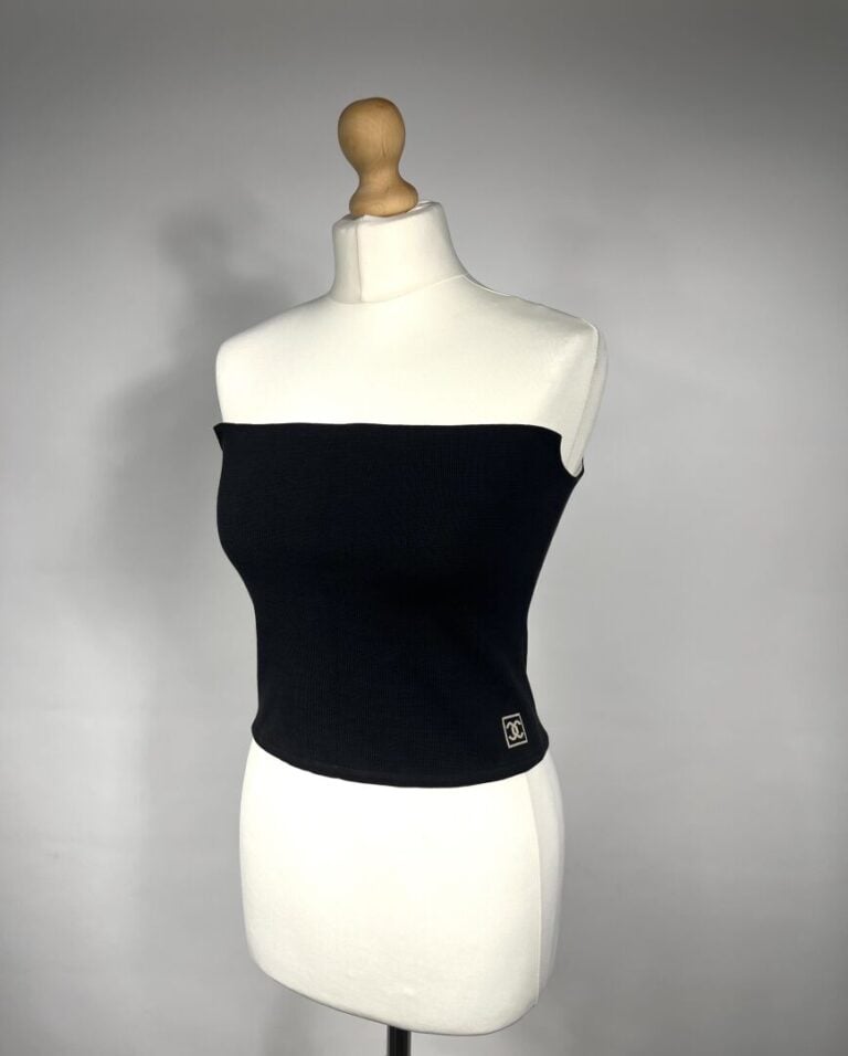 CHANEL IDENTIFICATION - Année 2003 - Bustier en coton tissé noir et beige, ferm…