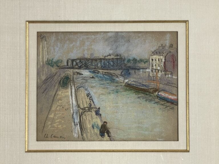 CHARLES CAMOIN (1879-1965) - Pêcheurs au bord du canal - Crayon, fusain, crayon…