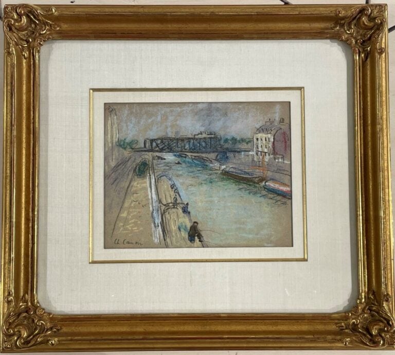 CHARLES CAMOIN (1879-1965) - Pêcheurs au bord du canal - Crayon, fusain, crayon…