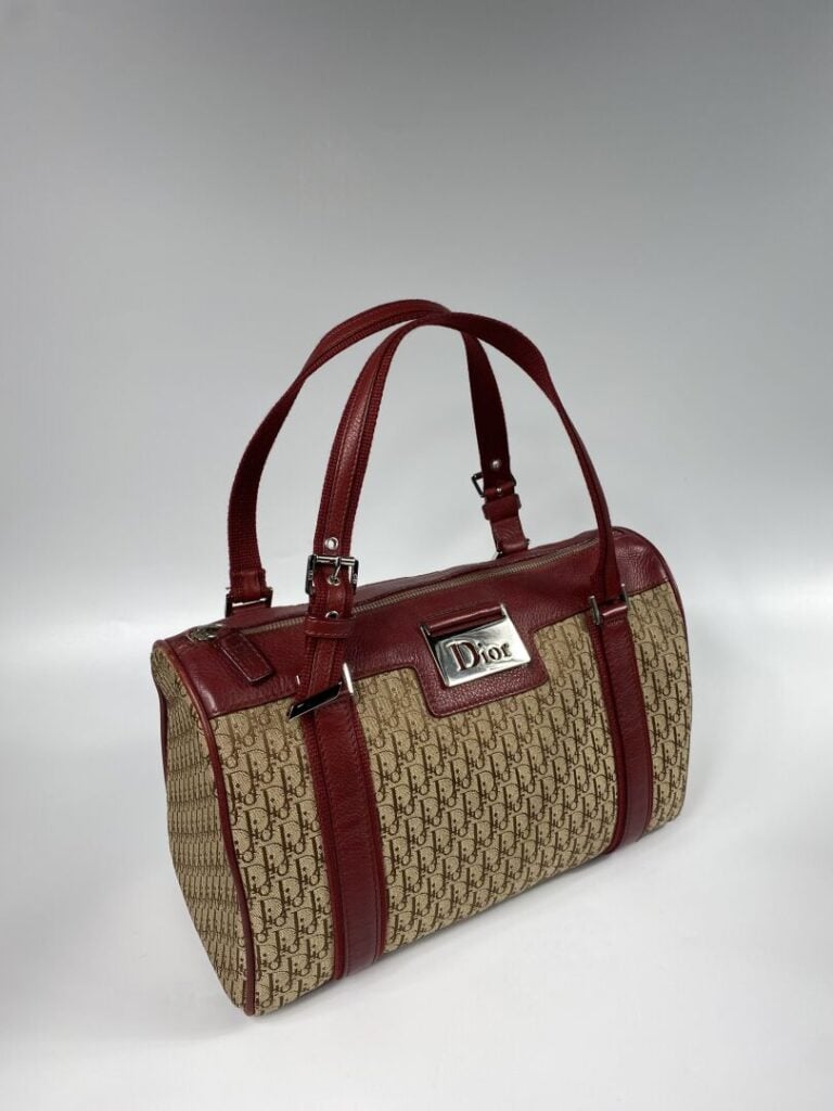 CHRISTIAN DIOR - Sac bowling en toile oblique beige et cuir rouge foncé, double…