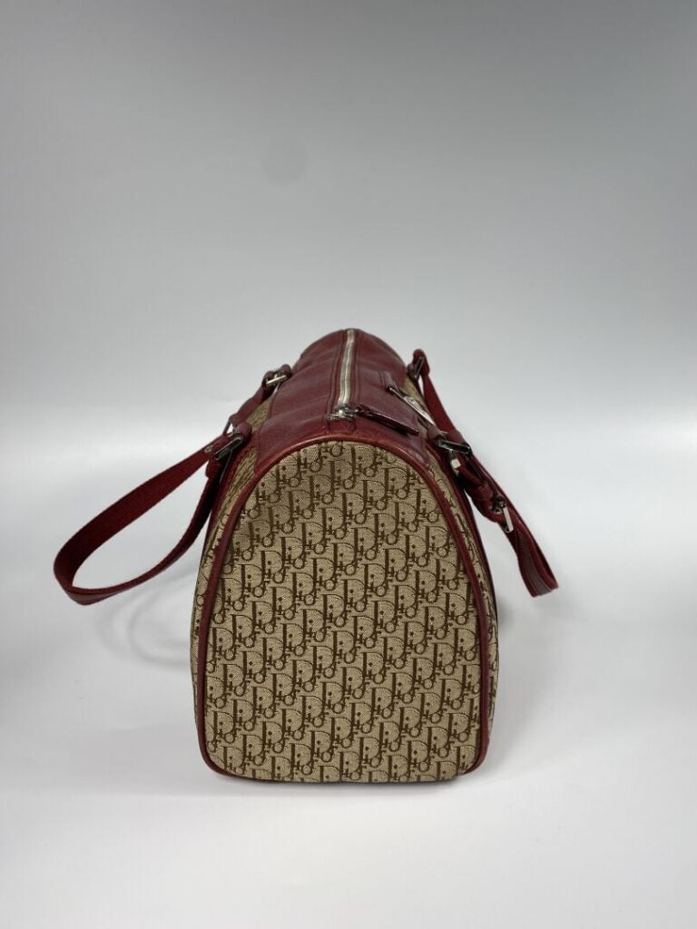 CHRISTIAN DIOR - Sac bowling en toile oblique beige et cuir rouge foncé, double…