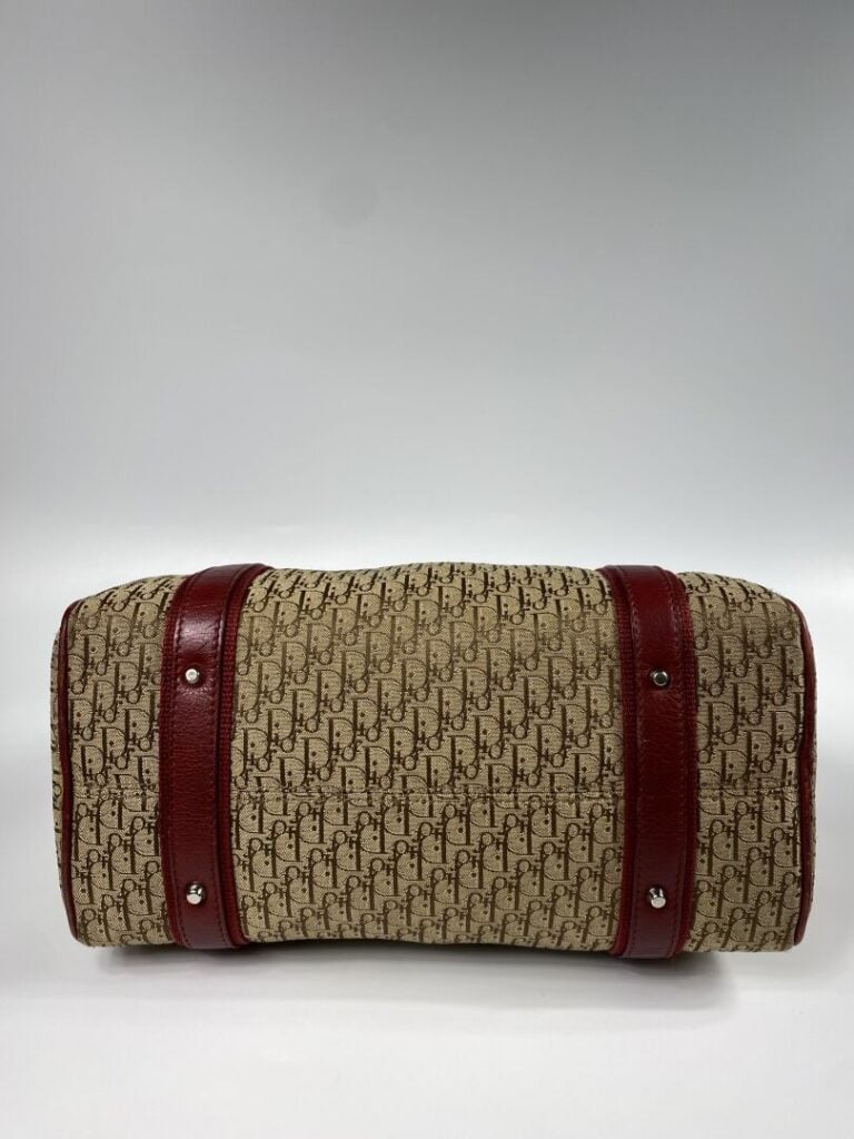 CHRISTIAN DIOR - Sac bowling en toile oblique beige et cuir rouge foncé, double…