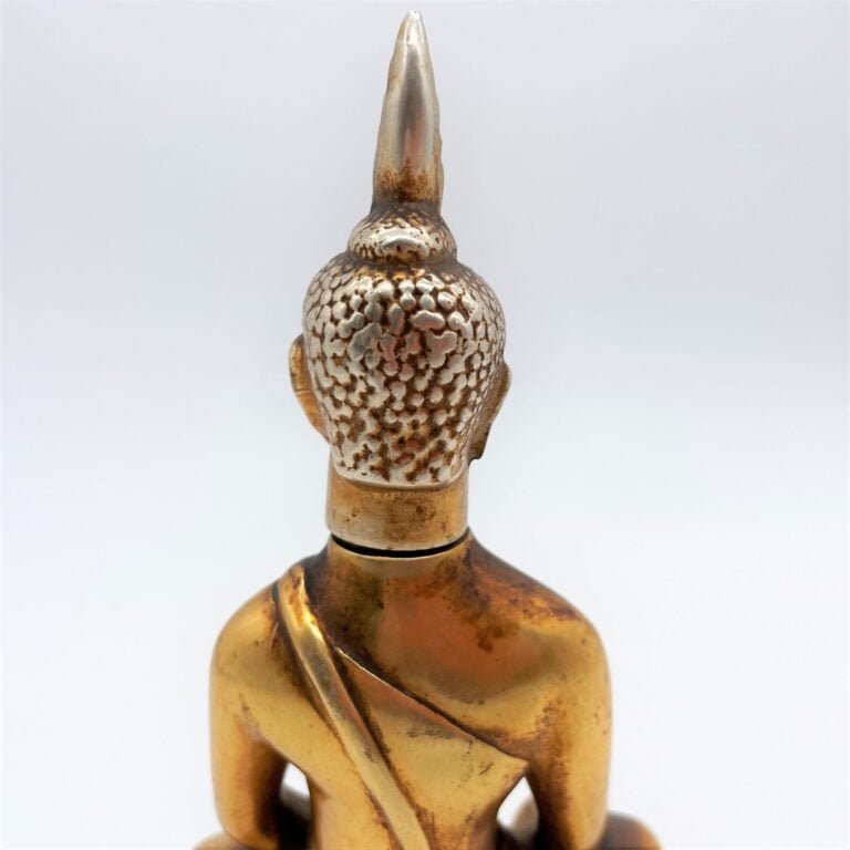 Flacon Bouddha, "Saree" de Rodin en métal, moulé, complet avec son bouchon émer…