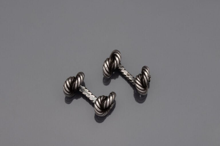 HERMES - Boutons de manchette argent (925) à motif de cordage - Signé - Poids t…