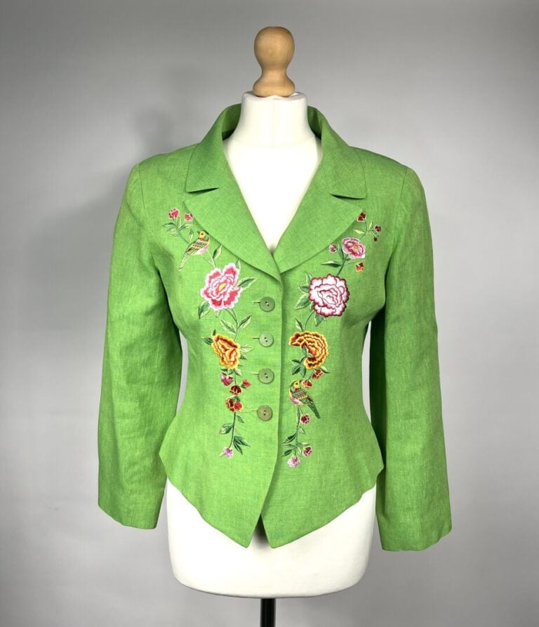 KENZO - Veste cintrée en lin vert pomme brodée de fleurs et d'oiseaux polychrom…