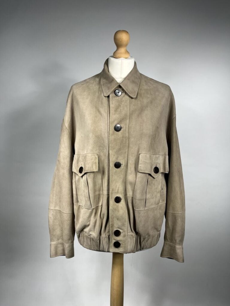 LOEWE - Veste pour homme en daim mastic surpiqué beige, taille froncée agrément…