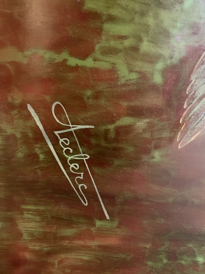 Alain LECLERC. - PANNEAU en bois à décor laqué de volatiles sur fond rouge - 15…