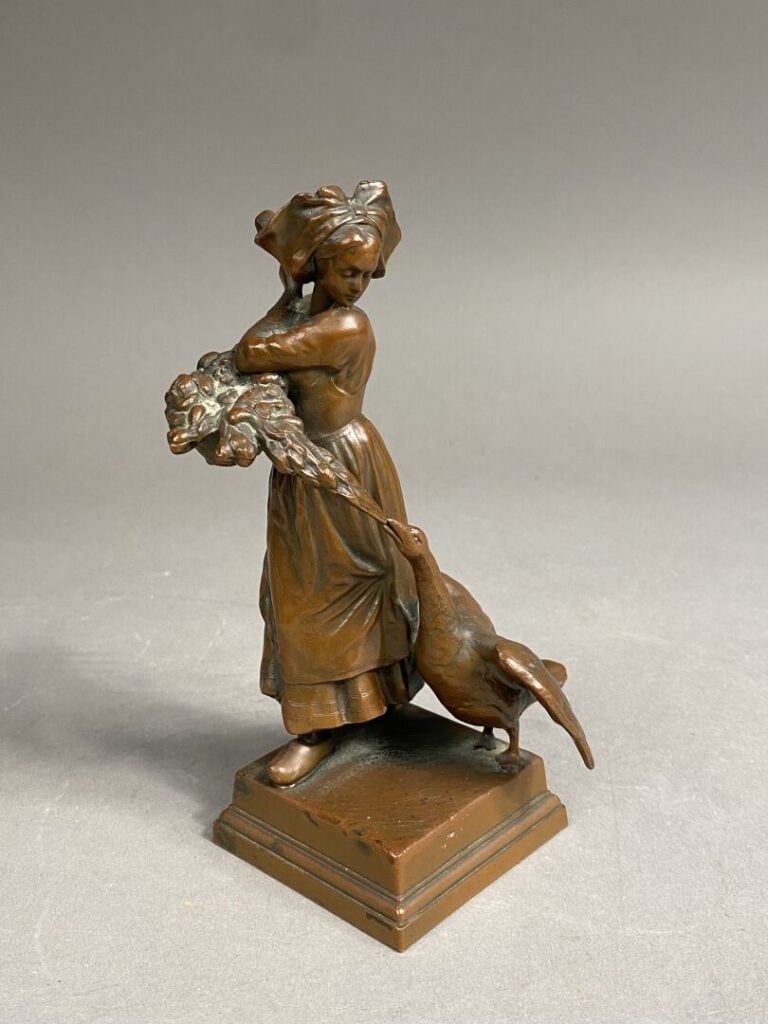 Albert SCHULTZ (1871-1953), d'après - Lison et l'oie - Épreuve en bronze à pati…