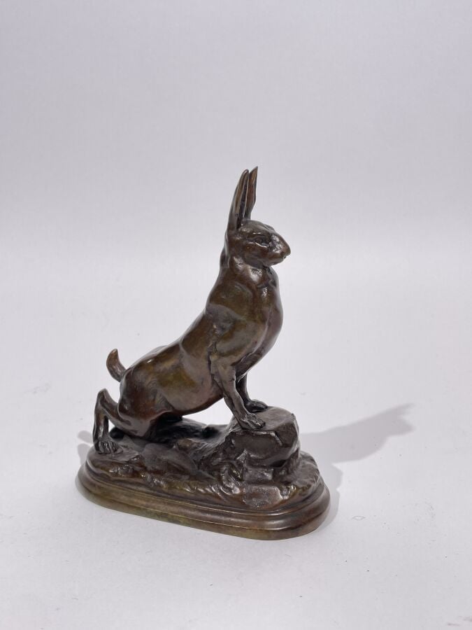 Antoine-Louis BARYE (1795-1875) - Lièvre oreilles levées - Bronze à patine brun…