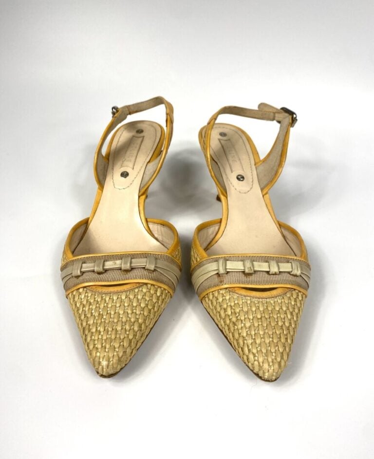 CÉLINE - Escarpins à brides en cuir verni jaune et paille (Pointure 37, talon d…