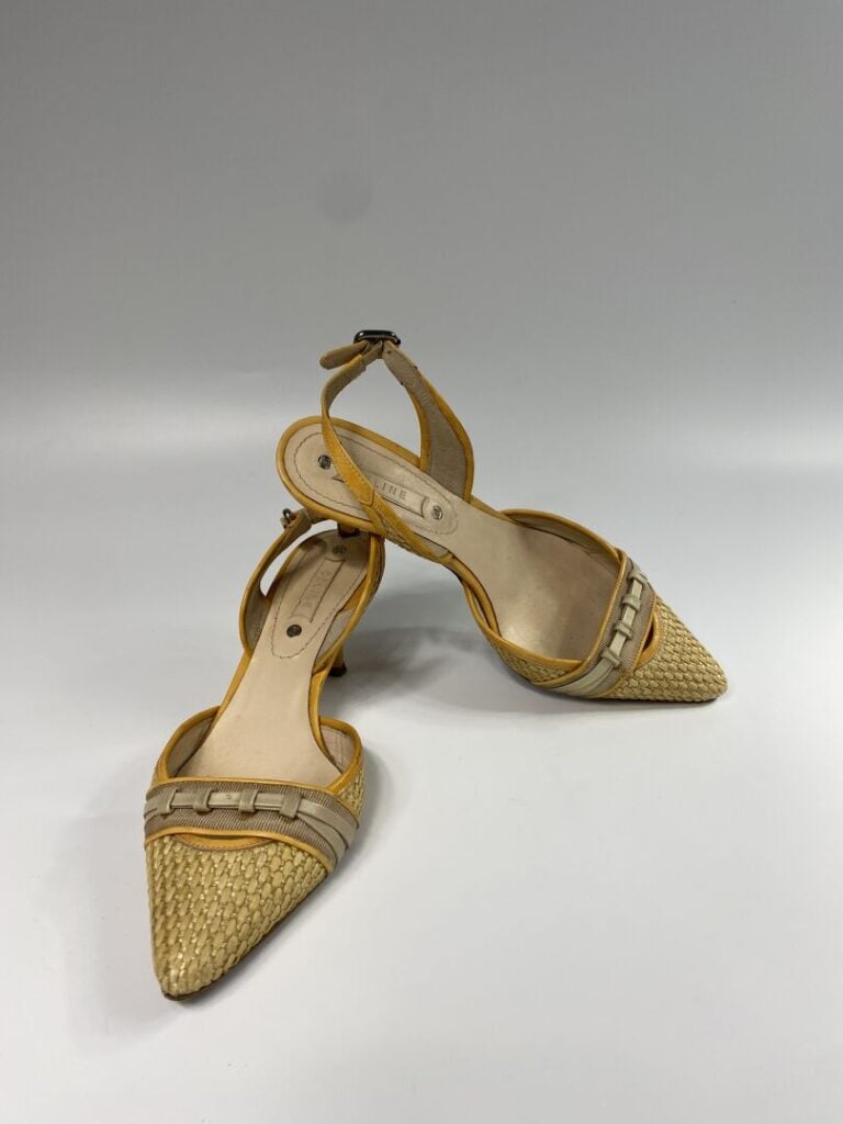 CÉLINE - Escarpins à brides en cuir verni jaune et paille (Pointure 37, talon d…
