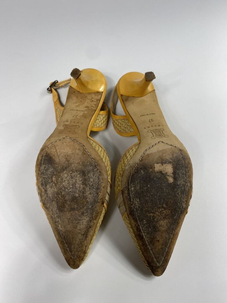 CÉLINE - Escarpins à brides en cuir verni jaune et paille (Pointure 37, talon d…