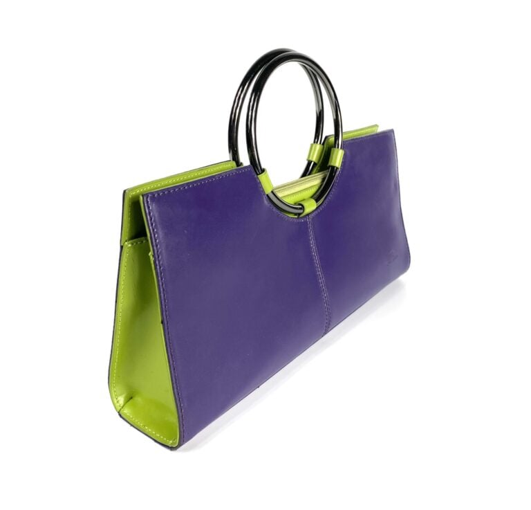 DANIEL AMODA - Petit sac rectangulaire en cuir bicolore aubergine et vert pomme…
