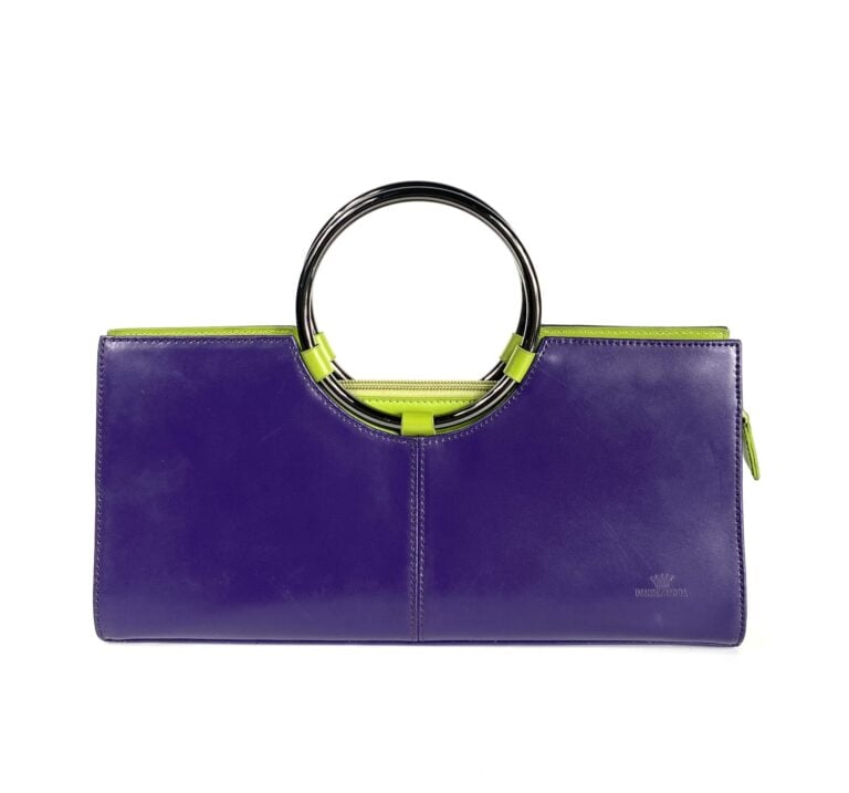 DANIEL AMODA - Petit sac rectangulaire en cuir bicolore aubergine et vert pomme…
