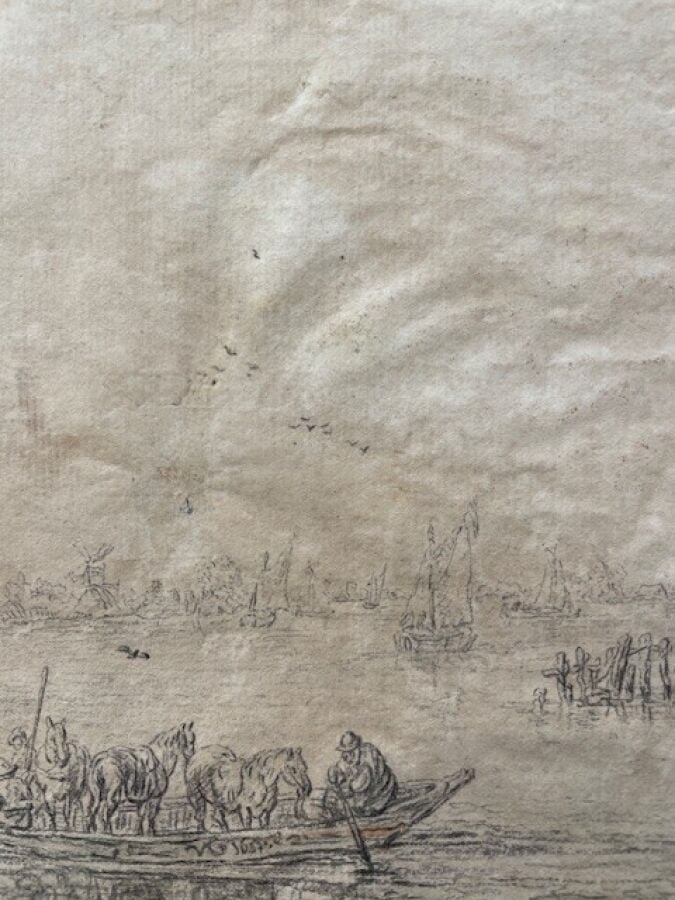Dans le goût de VAN GOYEN - Le bac dans un estuaire, une ville sur la droite -…