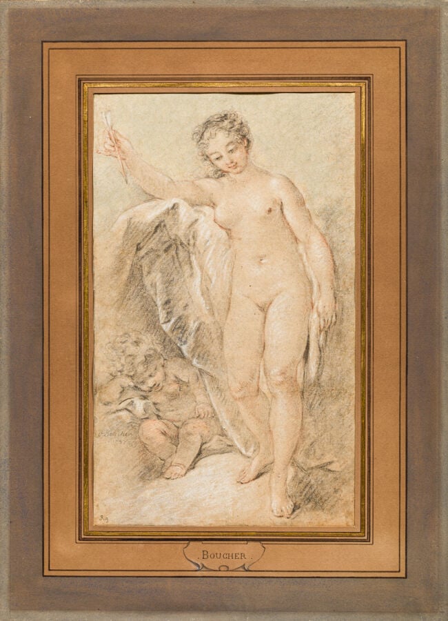 Ecole de François BOUCHER (1703 - 1770) - Vénus et amour - Trois crayons - 36,2…