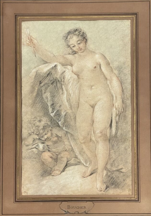 Ecole de François BOUCHER (1703 - 1770) - Vénus et amour - Trois crayons - 36,2…