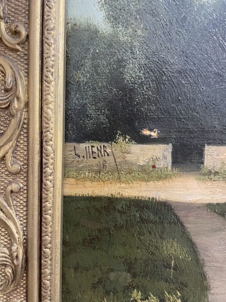 Ecole de la fin du XIXe -début XXe siècle - Chemin au bord d'une rivière - Huil…