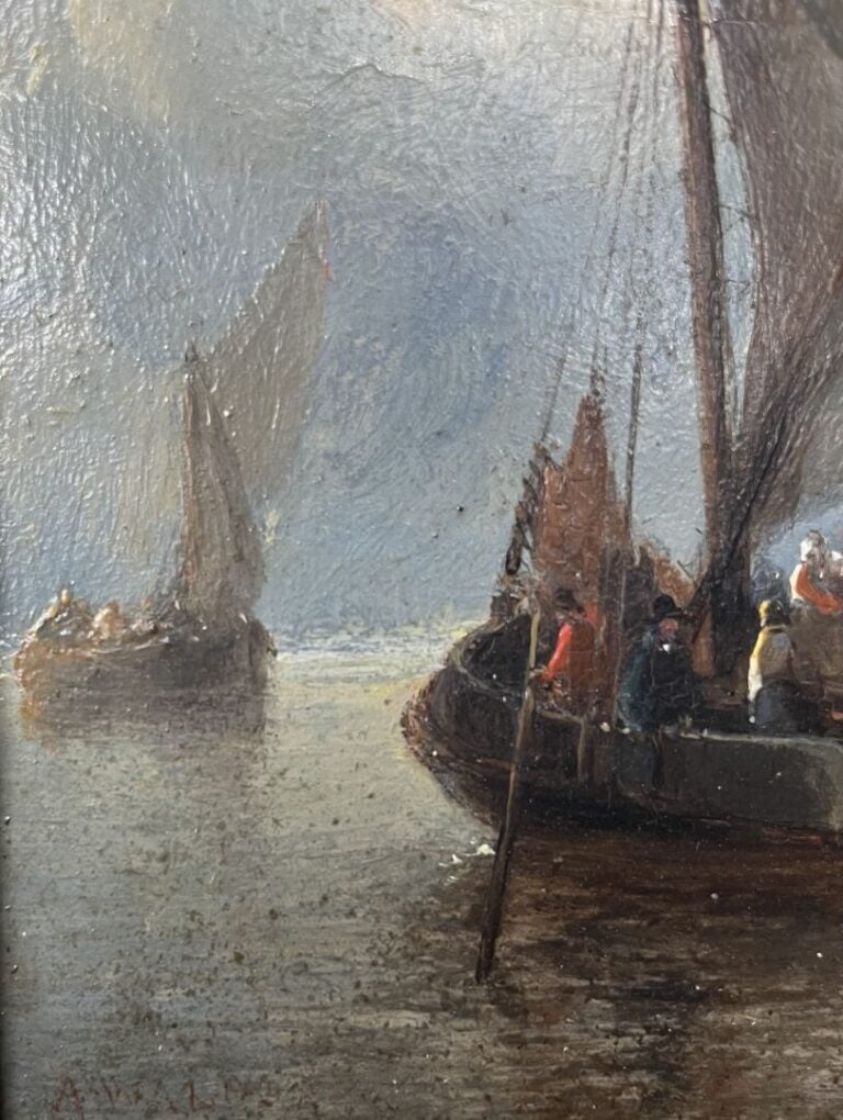 Ecole du XIXe siècle - Marine - Huile sur panneau - Trace de signature à gauche…