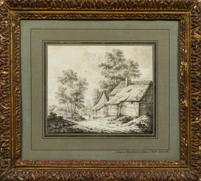 École Flamande du XVIIIe siècle - Paysage de ferme animé - Plume et encre noire…
