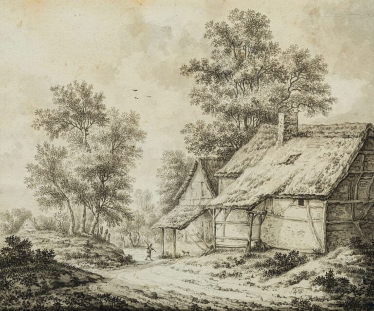 École Flamande du XVIIIe siècle - Paysage de ferme animé - Plume et encre noire…