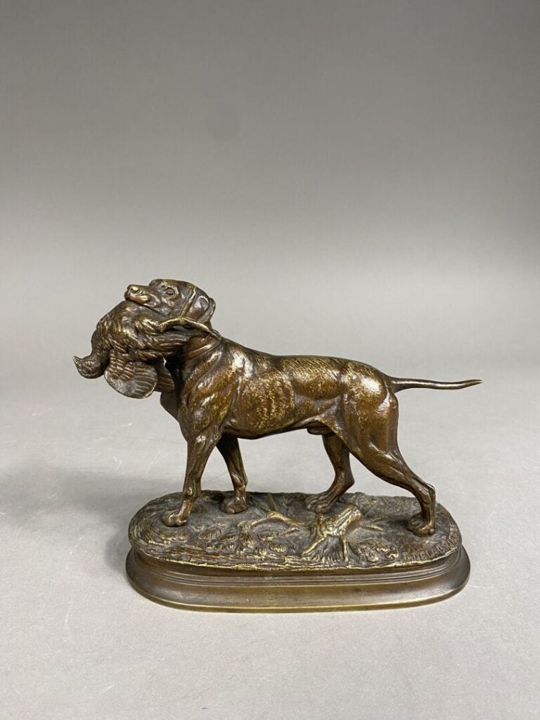Edouard DELABRIÈRE (1829-1912), d'après - Chien de chasse tenant une poule dans…