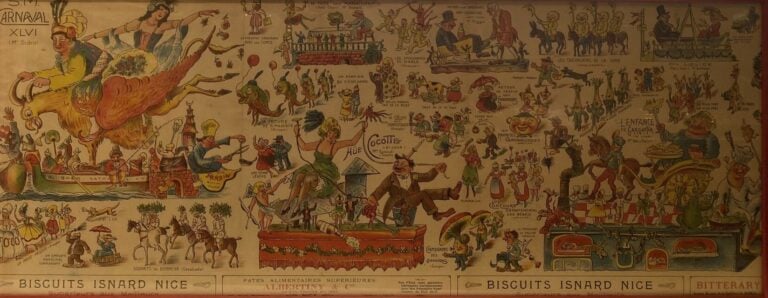 Ensemble de publicités encadrées annonçant le carnaval et les différents chars…
